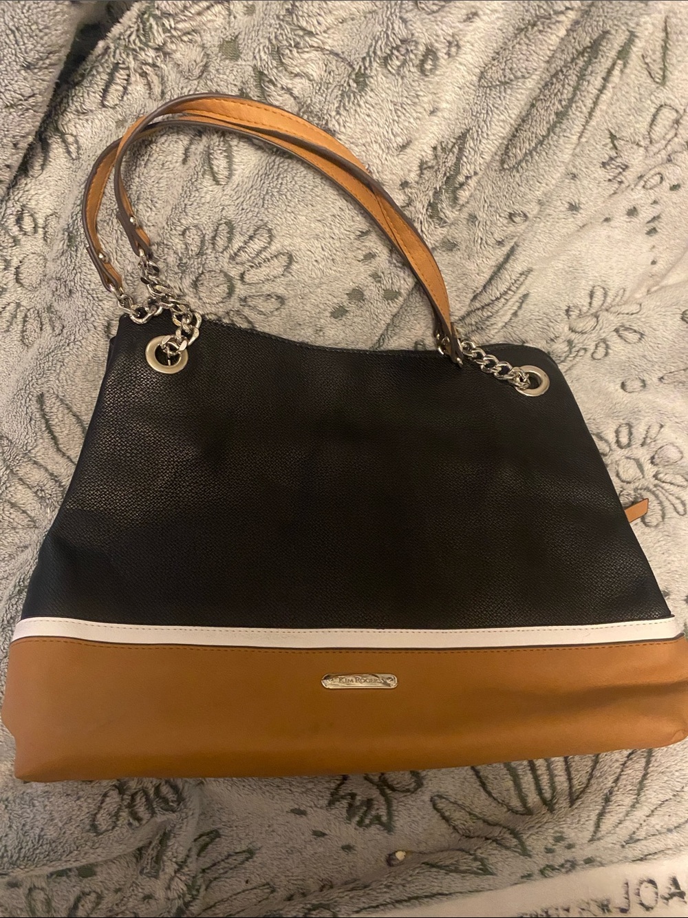 Kim Rogers Black and Tan Shoulder Bag with White Trim